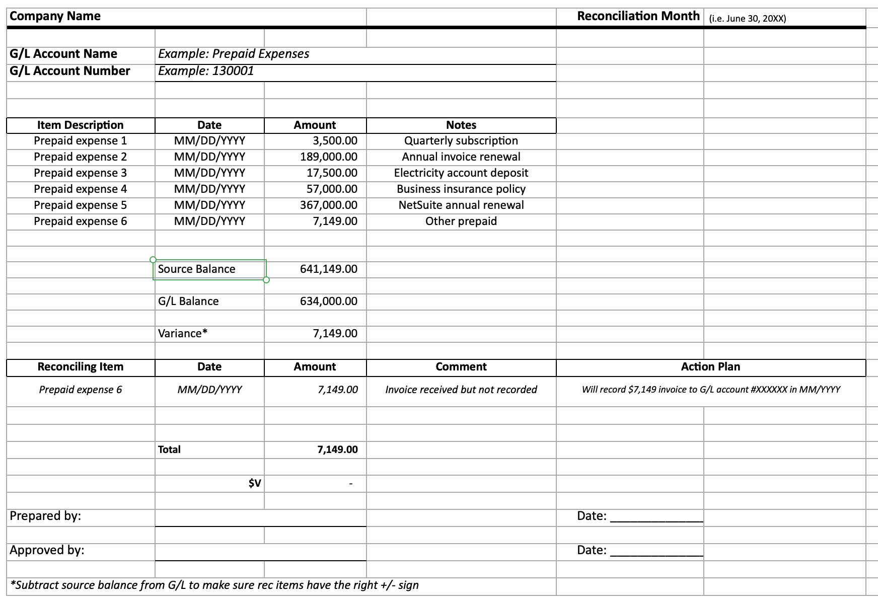 general ledger reconciliation template